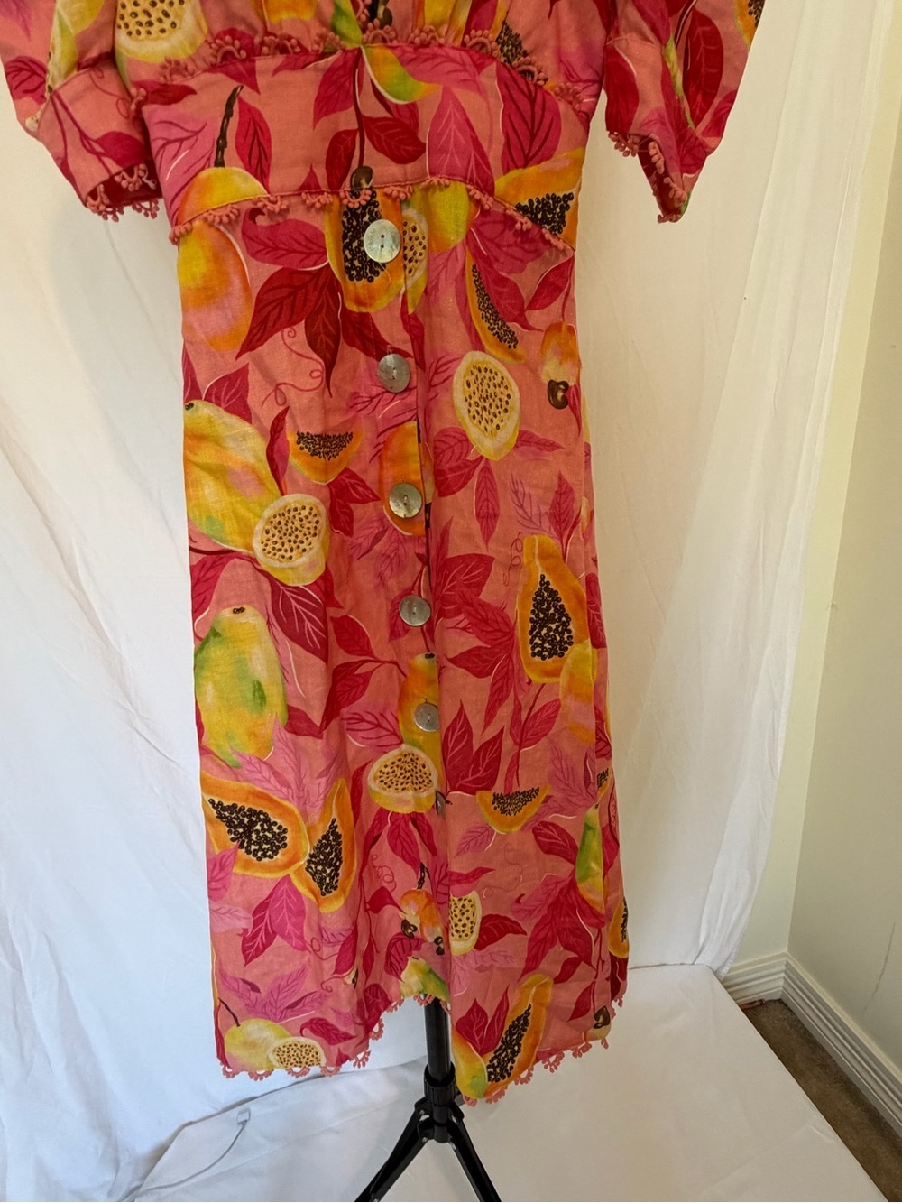 Farm Rio Pink Tropical Fruit Print Linen Blend Midi Dress XS Puff Sleeve READ - Picture 8 of 14